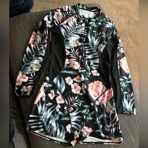 Floral Long Sleeve One-Piece Swimsuit - Black with Pink Flowers boy shorts sz XL